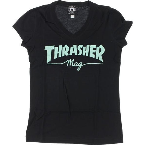 THRASHER "Mag Logo" Girls V-Neck T-Shirt (Black)