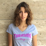 THRASHER "Mag Logo" Girls V-Neck T-Shirt (Grey)