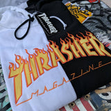 THRASHER "Flame Logo" Black / White Split Hooded Pullover Sweatshirt